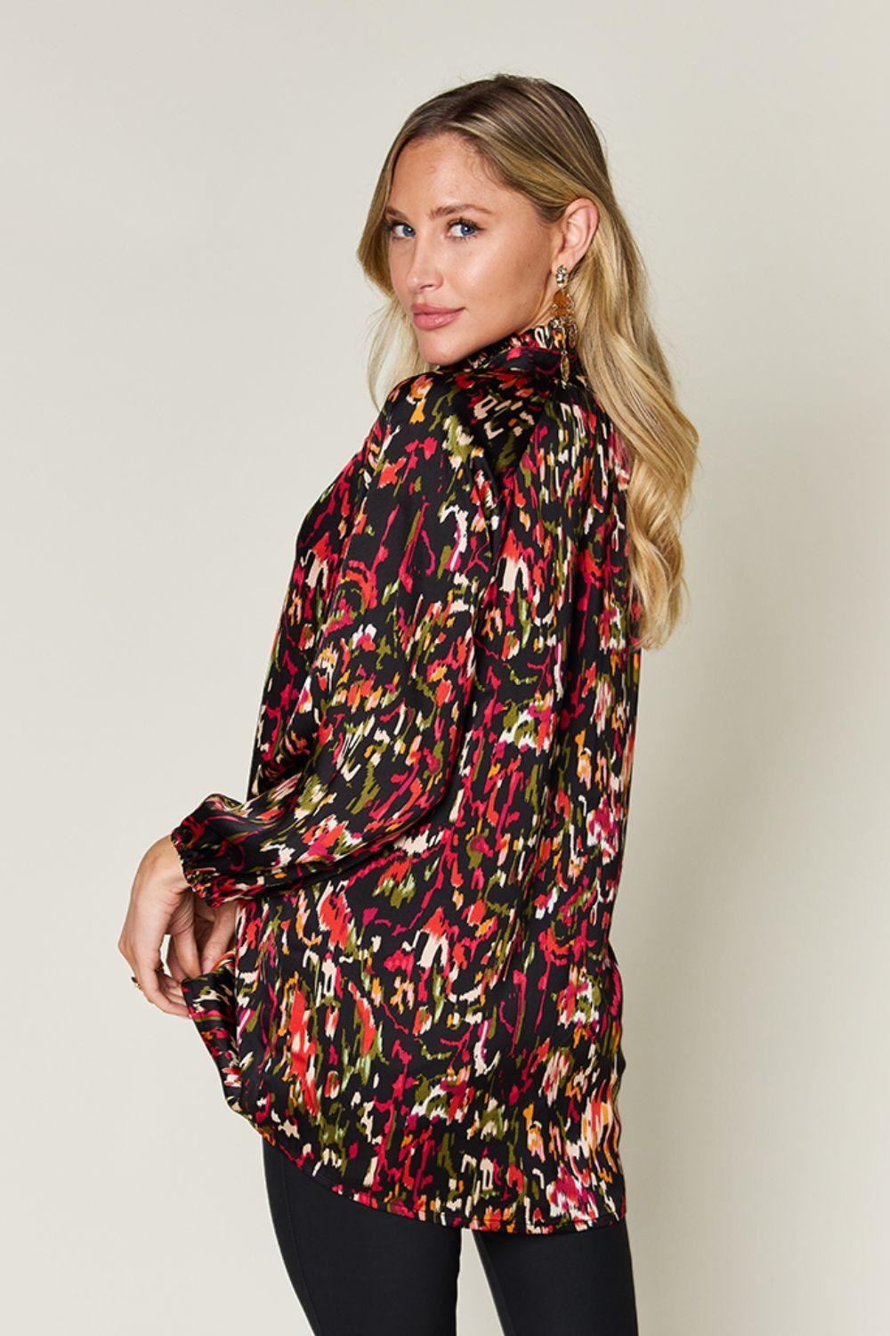 Double Take Full Size Printed Button Up Long Sleeve Shirt - Clothes For Her Online Store