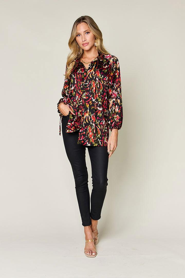 Double Take Full Size Printed Button Up Long Sleeve Shirt - Clothes For Her Online Store