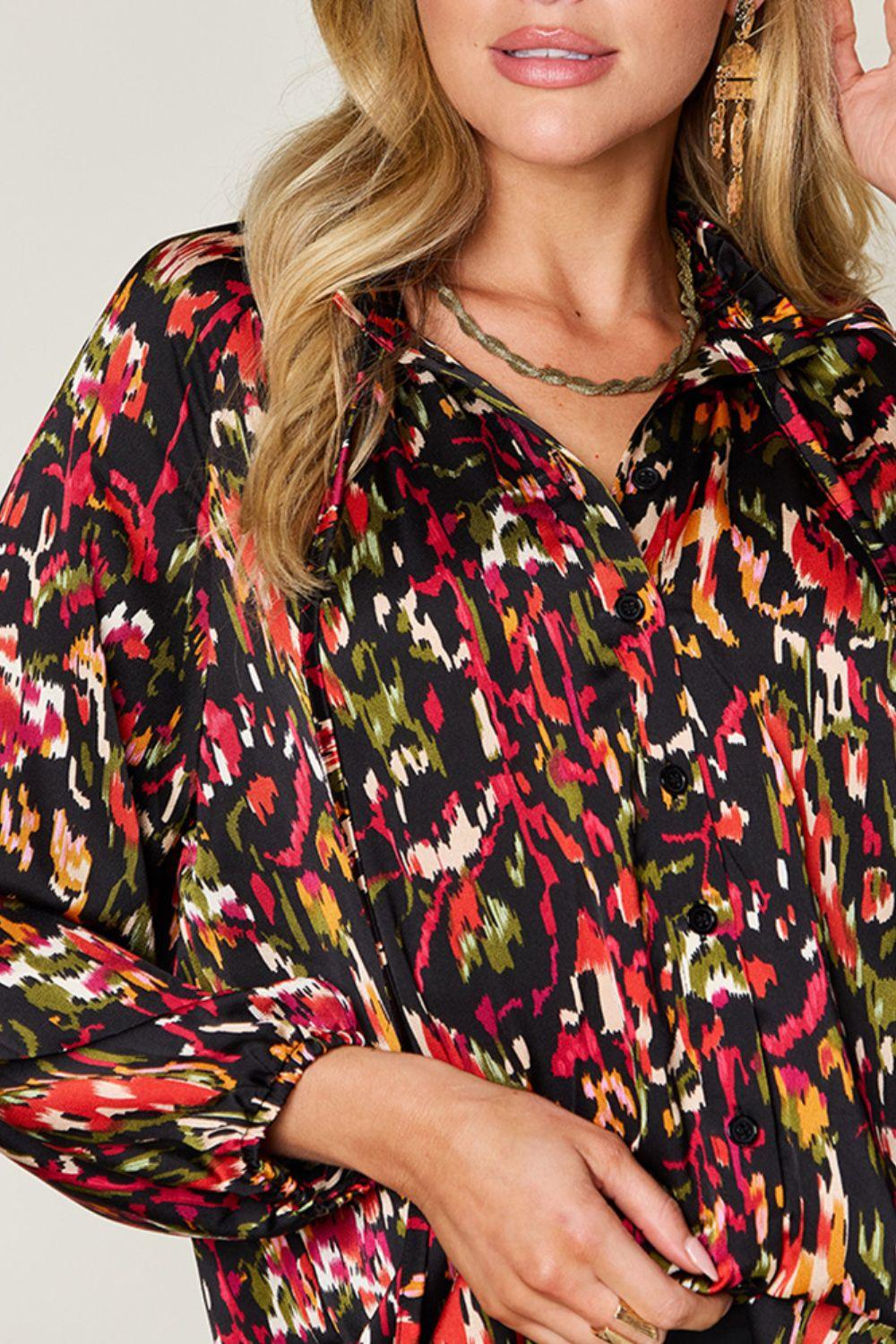 Double Take Full Size Printed Button Up Long Sleeve Shirt - Clothes For Her Online Store