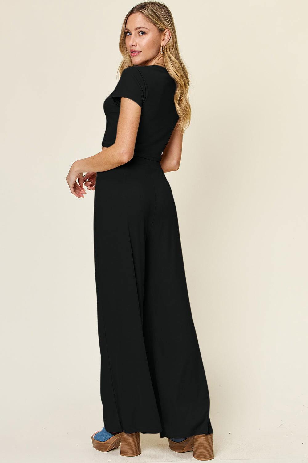 Double Take Full Size Round Neck Top and Pants Set - Clothes For Her Online Store