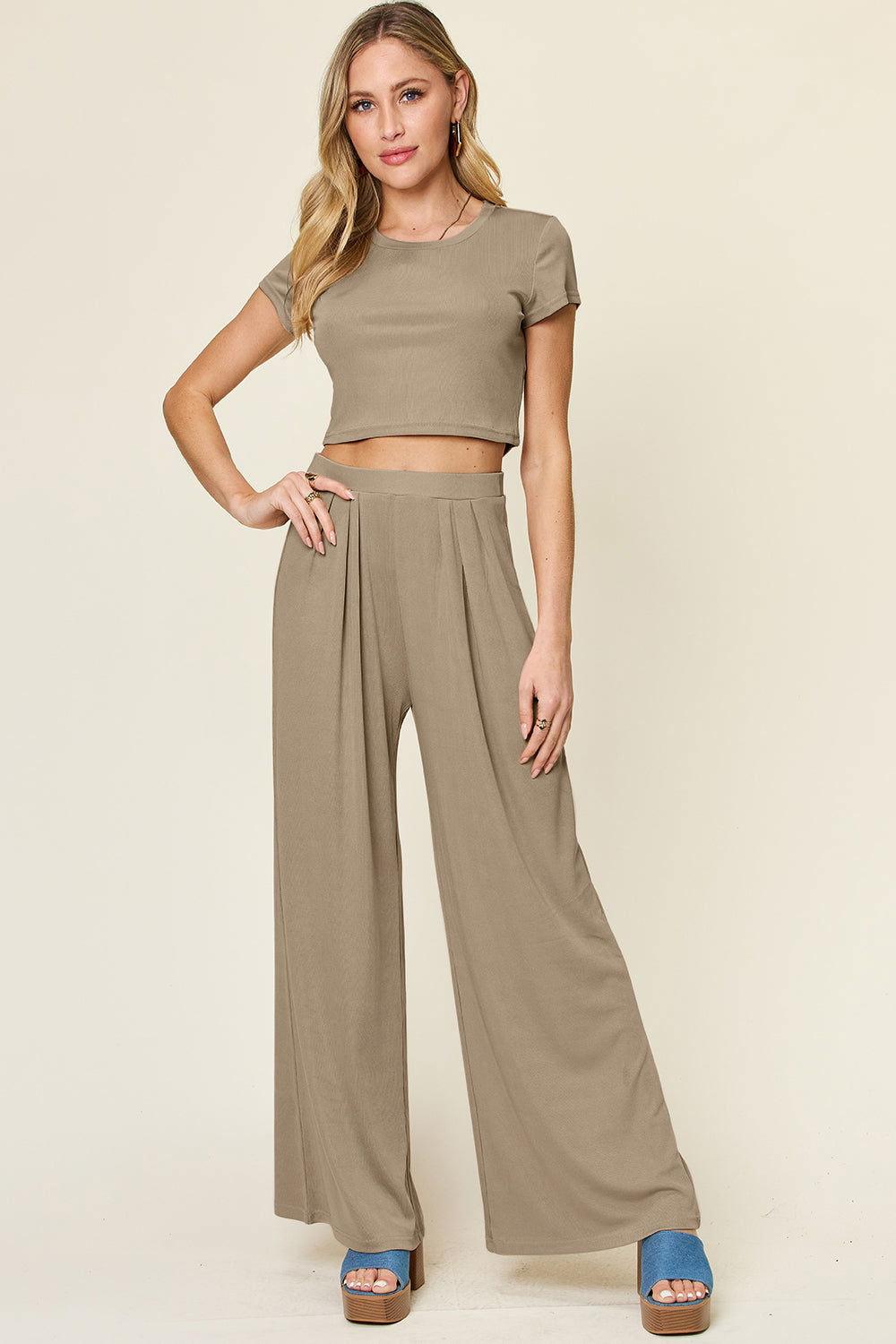 Double Take Full Size Round Neck Top and Pants Set - Clothes For Her Online Store