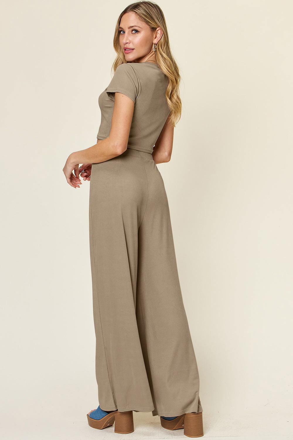 Double Take Full Size Round Neck Top and Pants Set - Clothes For Her Online Store