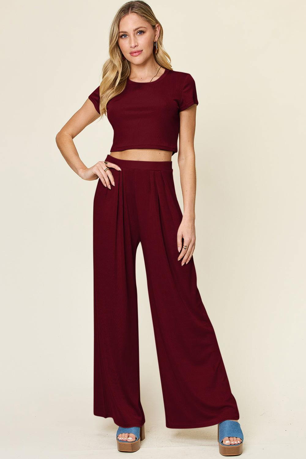 Double Take Full Size Round Neck Top and Pants Set - Clothes For Her Online Store