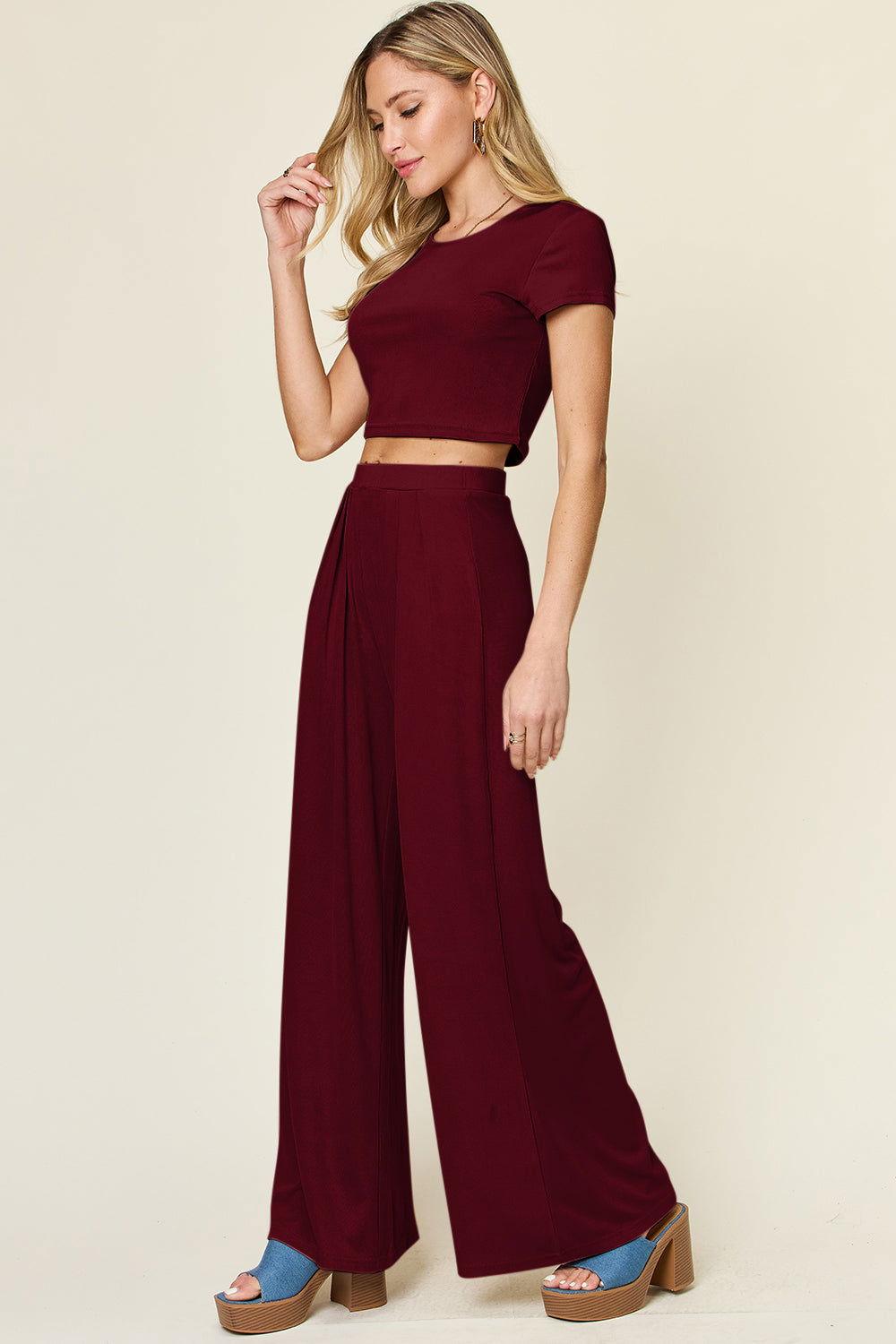 Double Take Full Size Round Neck Top and Pants Set - Clothes For Her Online Store