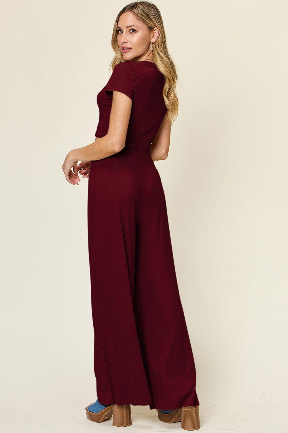 Double Take Full Size Round Neck Top and Pants Set - Clothes For Her Online Store