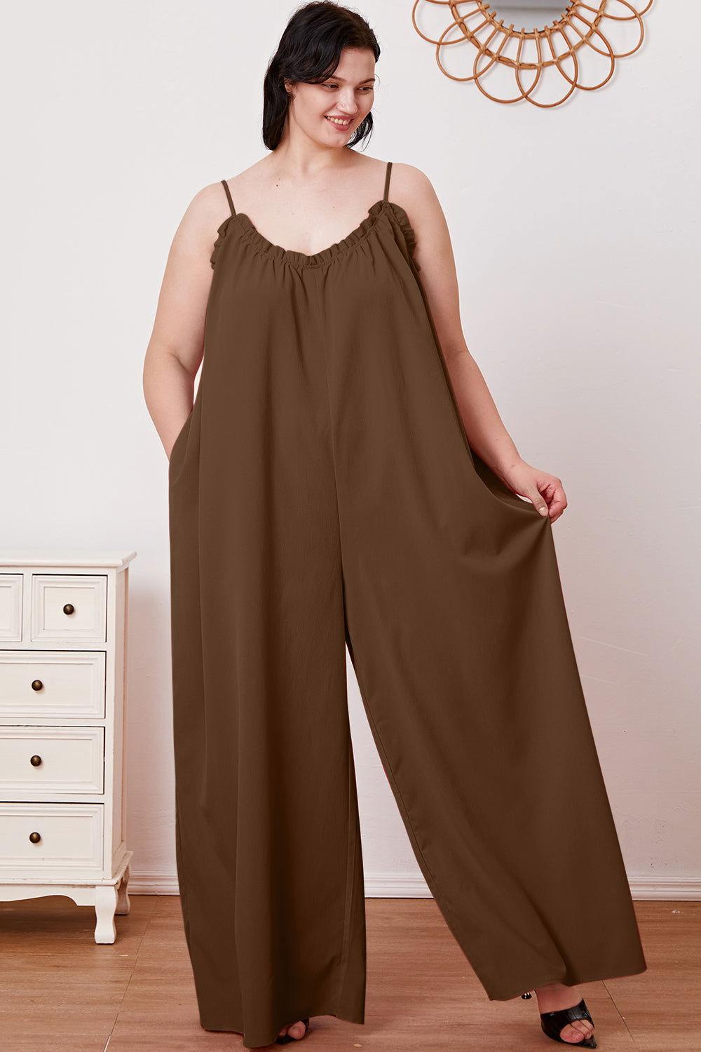 Double Take Full Size Ruffle Trim Tie Back Cami Jumpsuit with Pockets - Clothes For Her Online Store