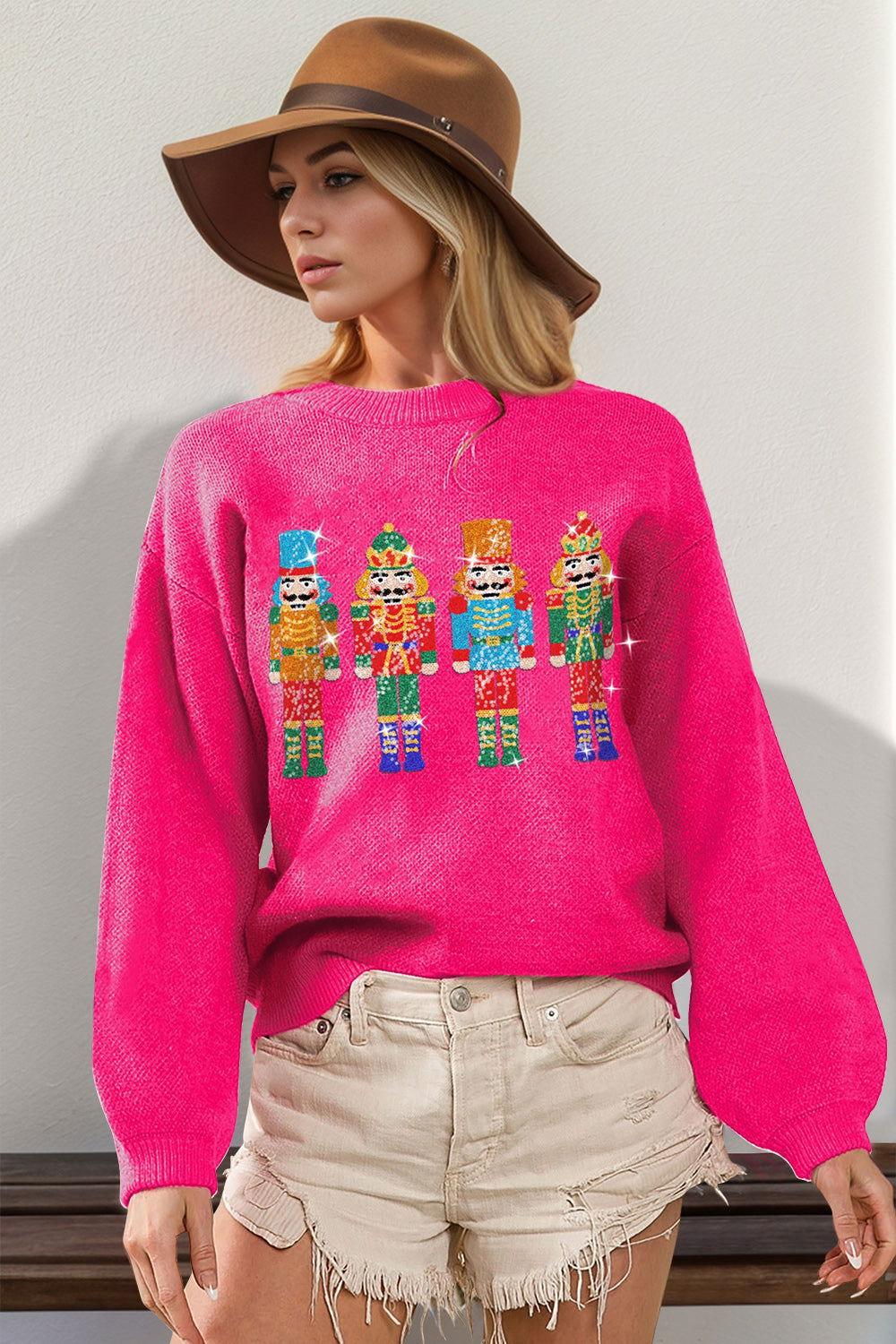 Double Take Full Size Sequin Nutcracker Long Sleeve Sweater - Clothes For Her Online Store