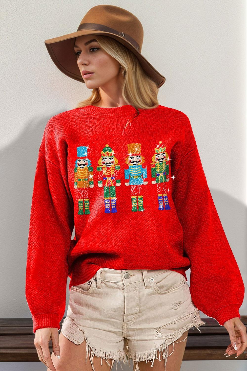 Double Take Full Size Sequin Nutcracker Long Sleeve Sweater - Clothes For Her Online Store