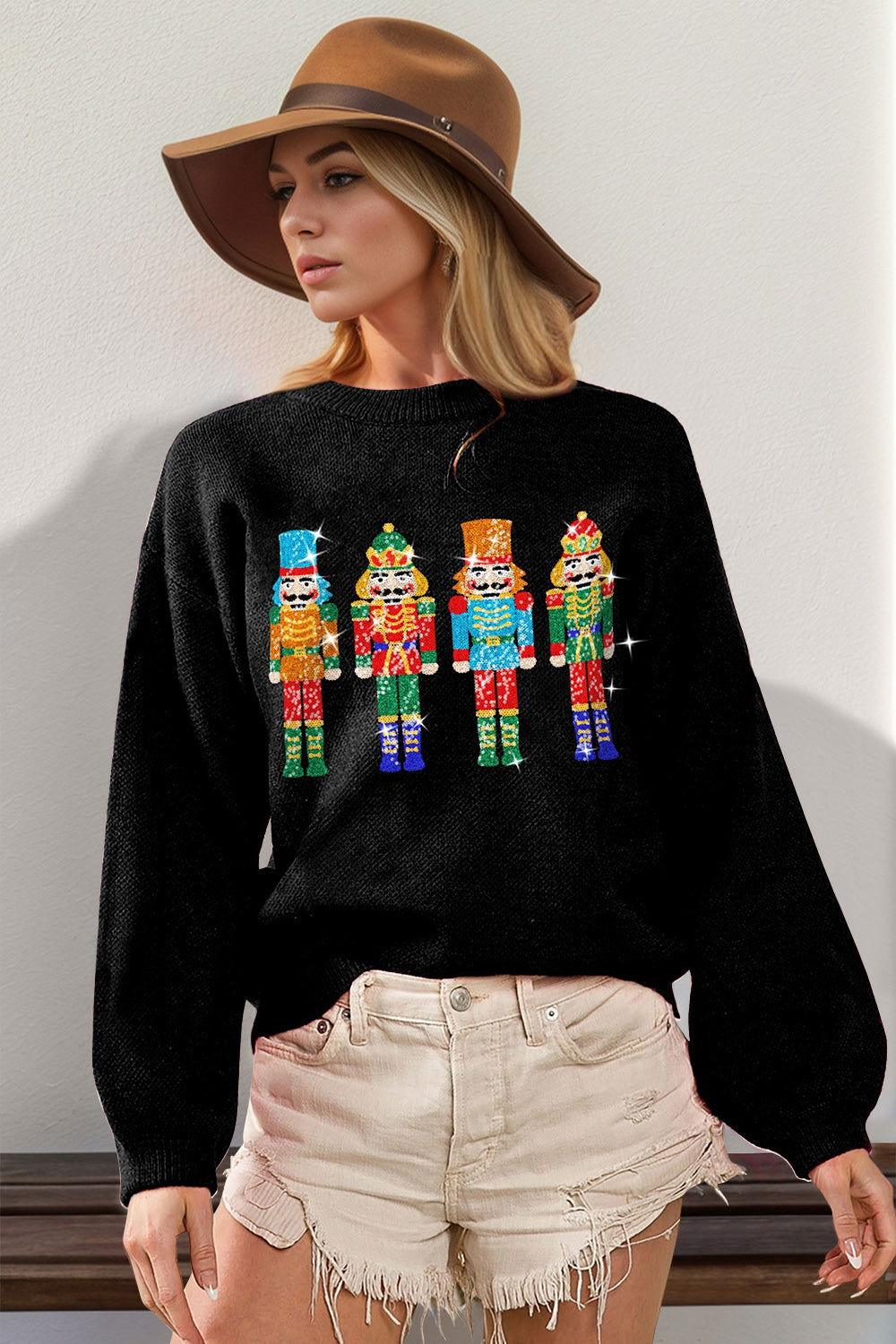 Double Take Full Size Sequin Nutcracker Long Sleeve Sweater - Clothes For Her Online Store