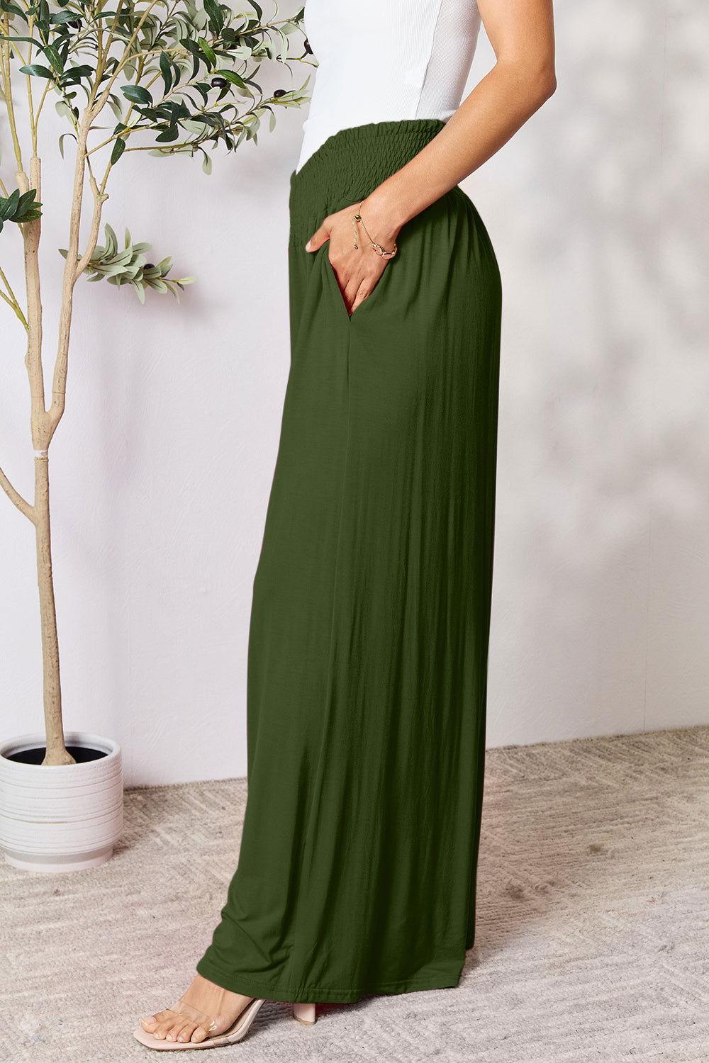 Double Take Full Size Smocked Wide Waistband Wide Leg Pants - Clothes For Her Online Store