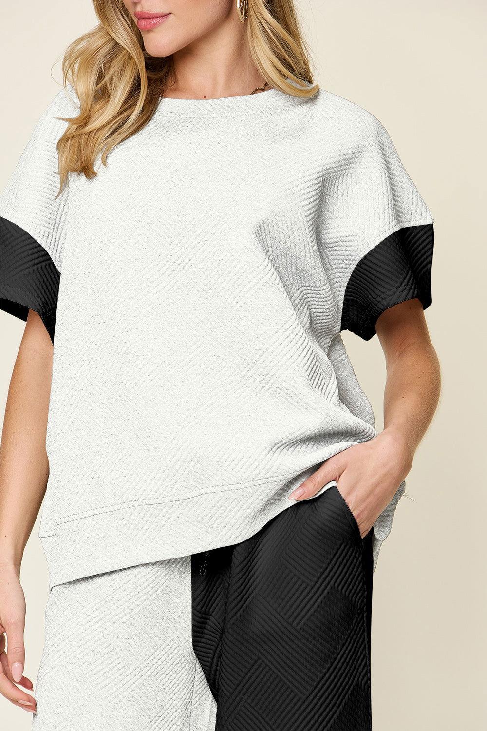 Double Take Full Size Texture Contrast T-Shirt and Wide Leg Pants Set - Clothes For Her Online Store