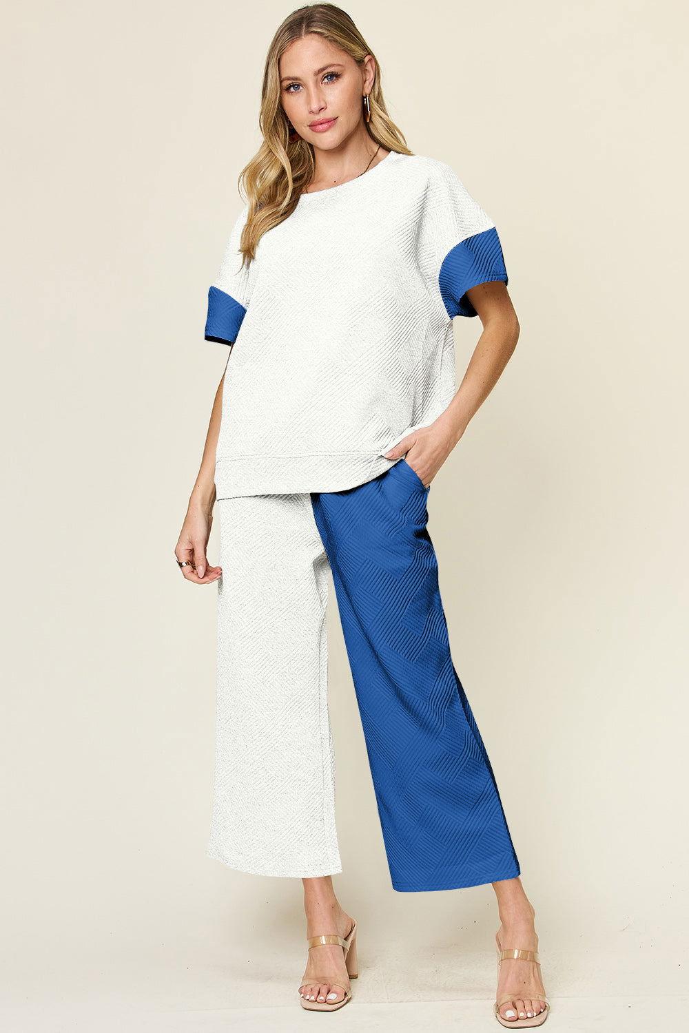 Double Take Full Size Texture Contrast T-Shirt and Wide Leg Pants Set - Clothes For Her Online Store