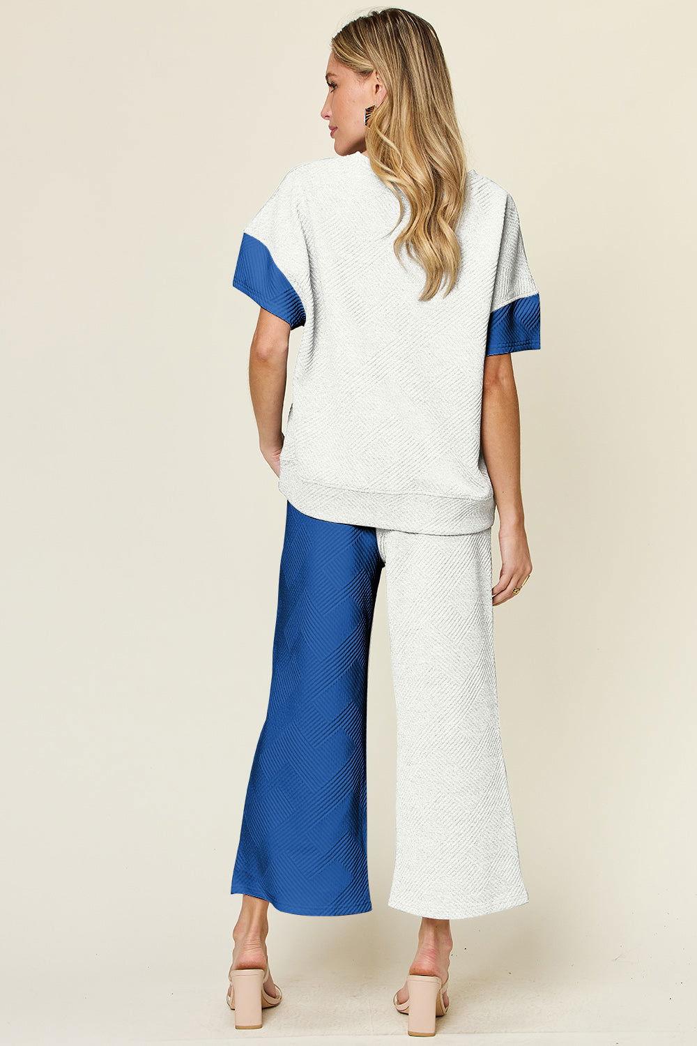 Double Take Full Size Texture Contrast T-Shirt and Wide Leg Pants Set - Clothes For Her Online Store