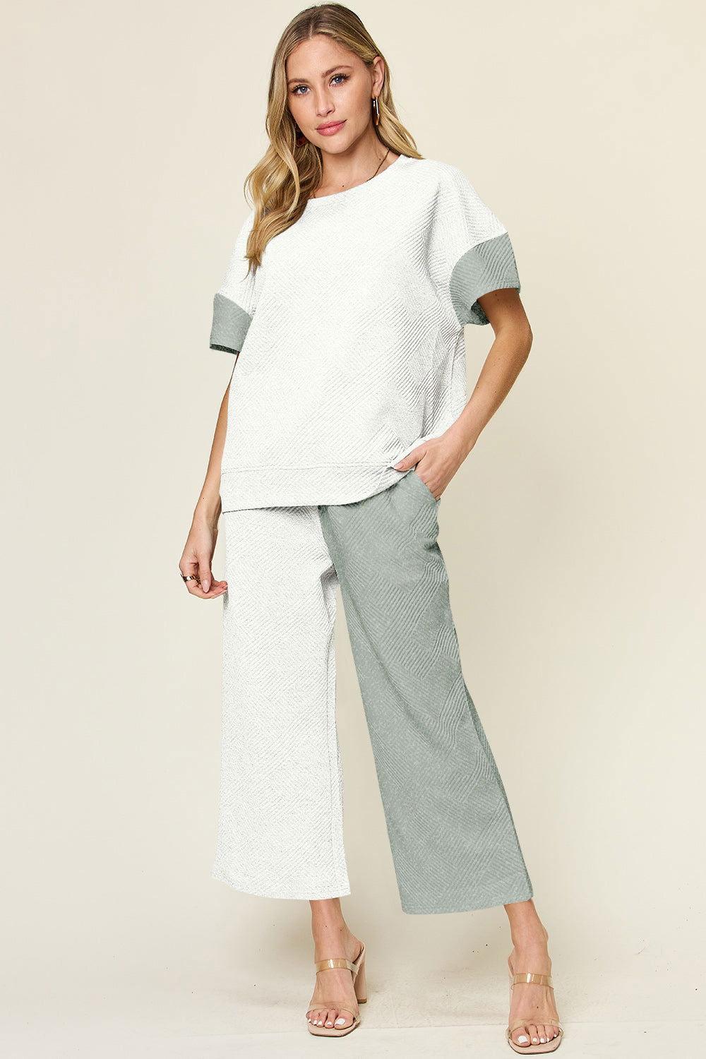 Double Take Full Size Texture Contrast T-Shirt and Wide Leg Pants Set - Clothes For Her Online Store