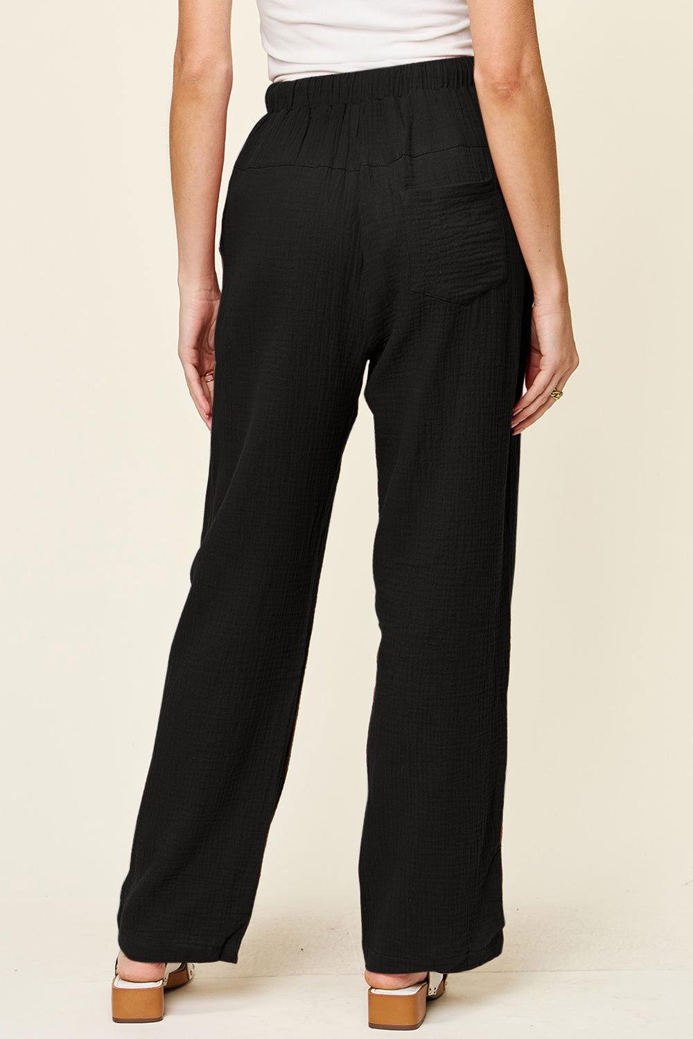 Double Take Full Size Texture Drawstring Straight Pants - Clothes For Her Online Store