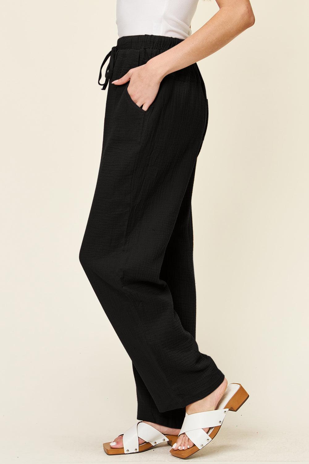 Double Take Full Size Texture Drawstring Straight Pants - Clothes For Her Online Store