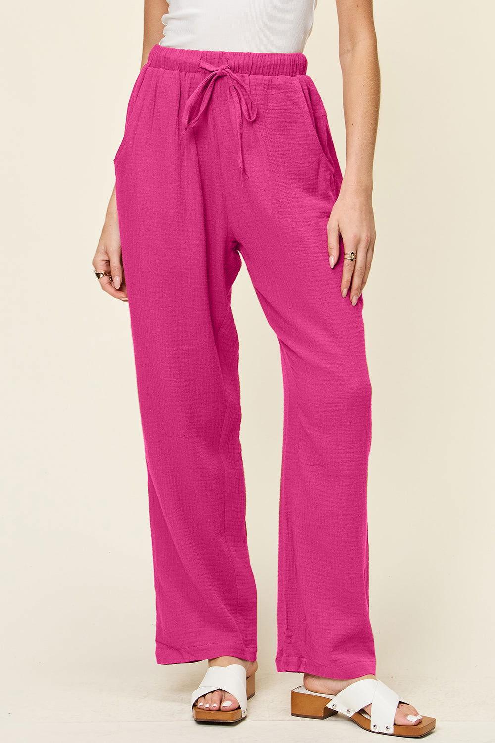 Double Take Full Size Texture Drawstring Straight Pants - Clothes For Her Online Store