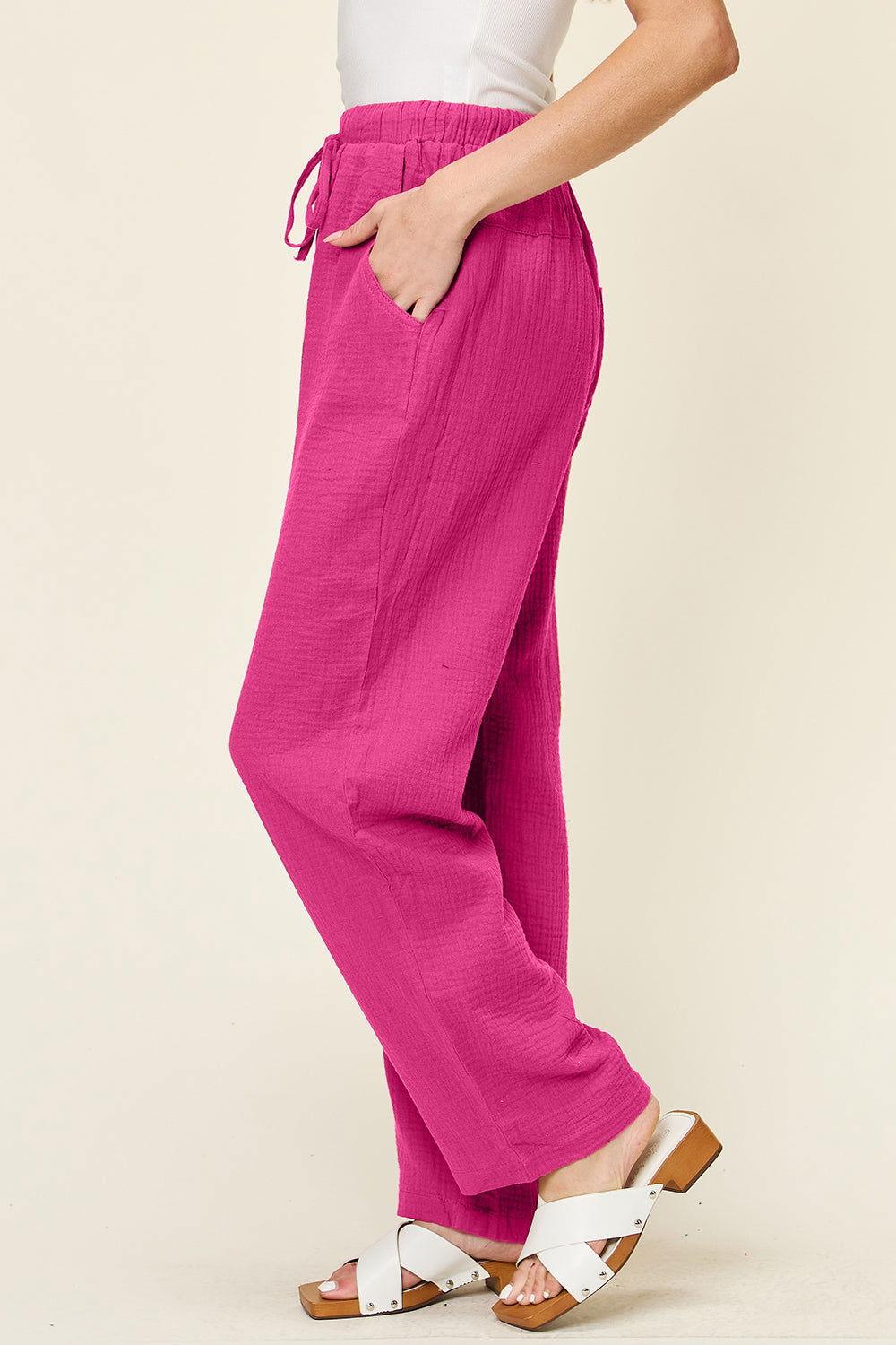 Double Take Full Size Texture Drawstring Straight Pants - Clothes For Her Online Store