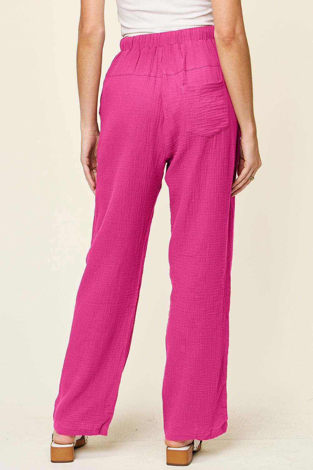 Double Take Full Size Texture Drawstring Straight Pants - Clothes For Her Online Store