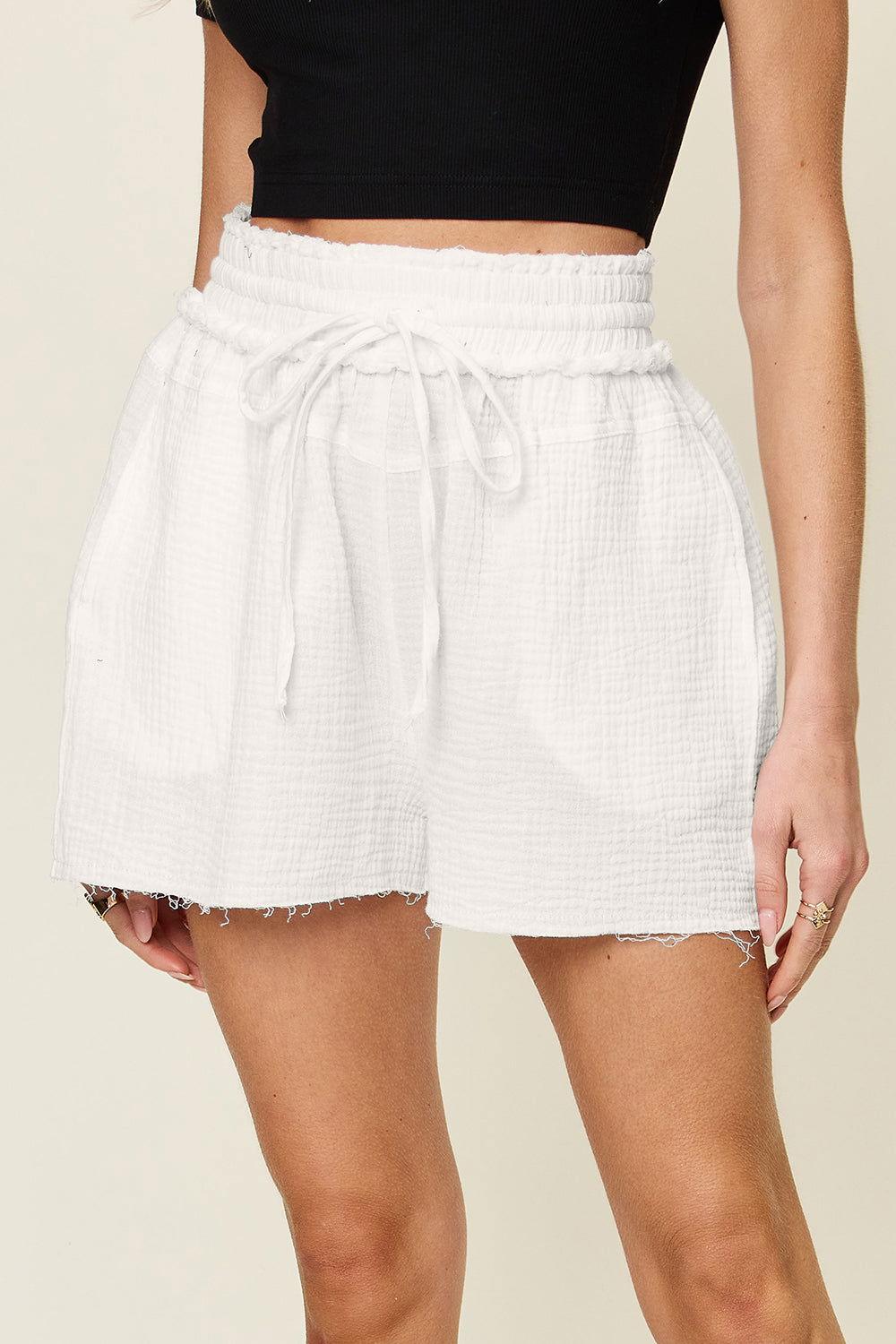 Double Take Full Size Texture Raw Trim Drawstring Shorts - Clothes For Her Online Store