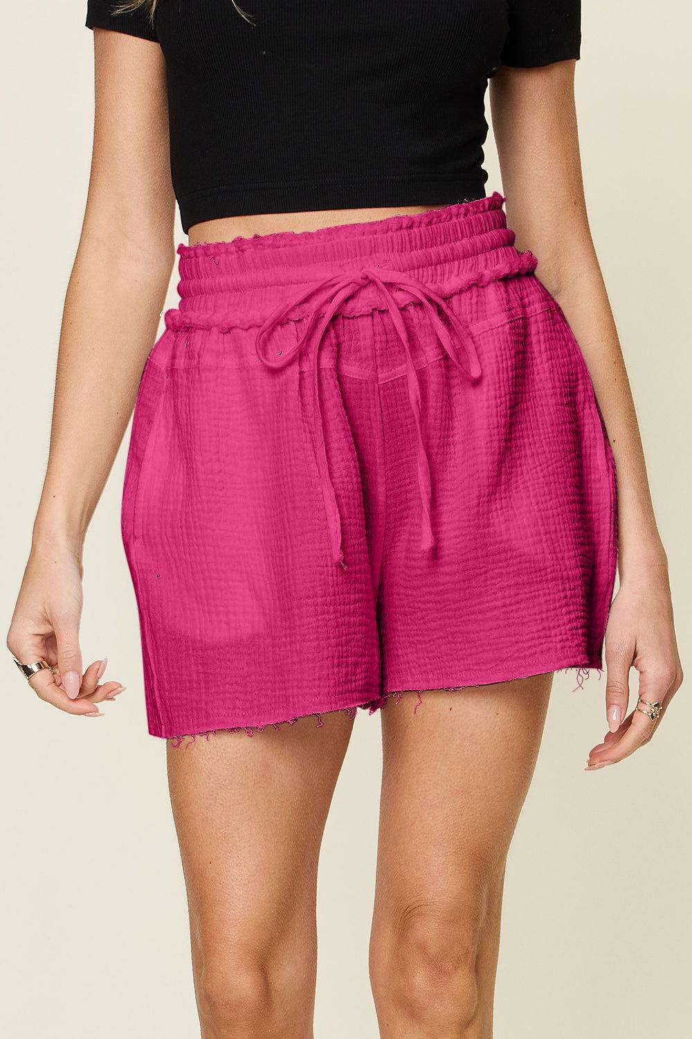 Double Take Full Size Texture Raw Trim Drawstring Shorts - Clothes For Her Online Store