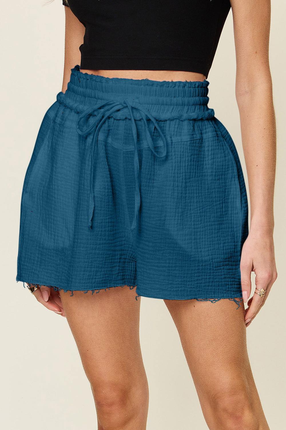 Double Take Full Size Texture Raw Trim Drawstring Shorts - Clothes For Her Online Store