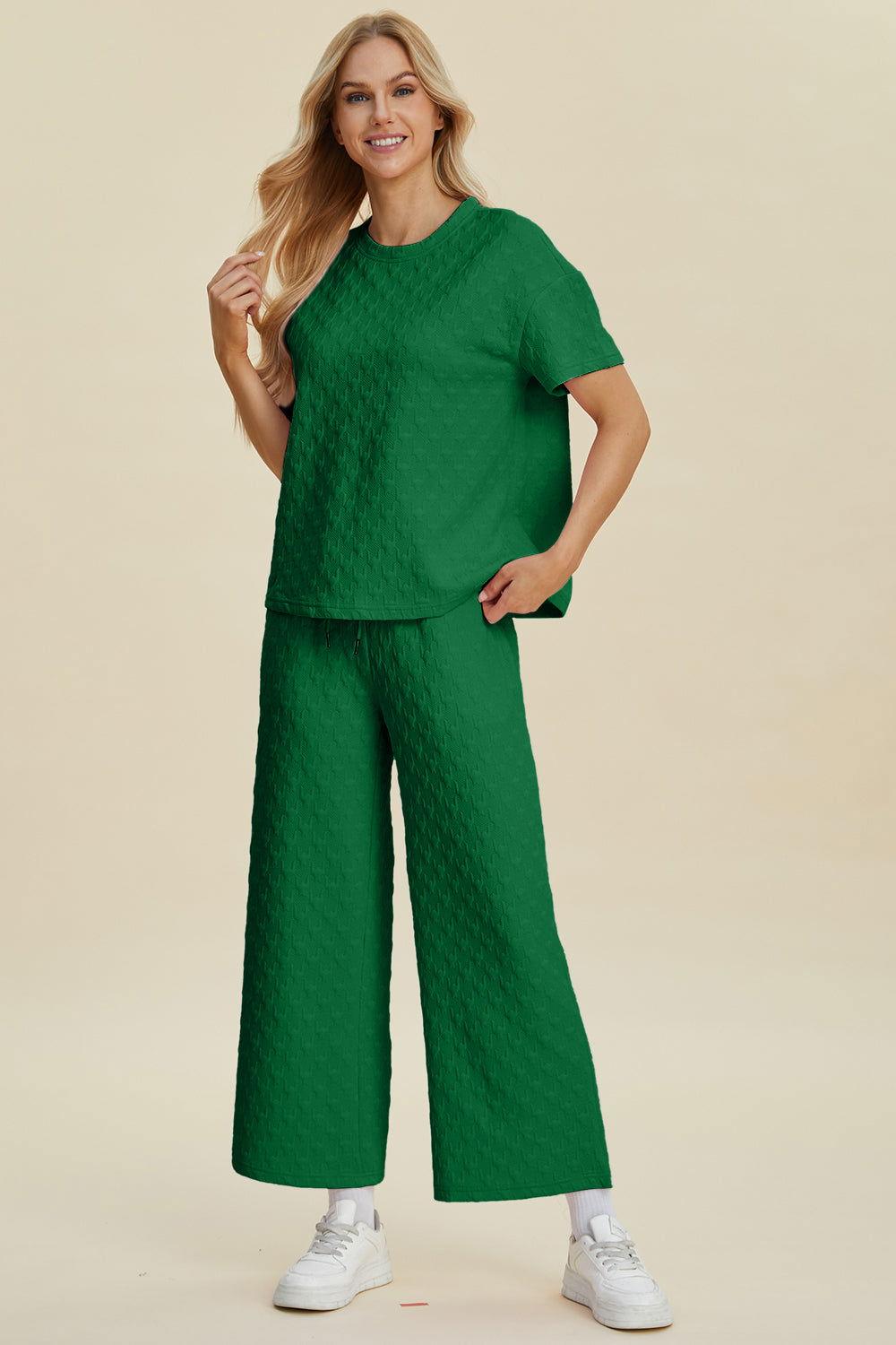 Double Take Full Size Texture Round Neck Short Sleeve Top and Pants Set - Clothes For Her Online Store