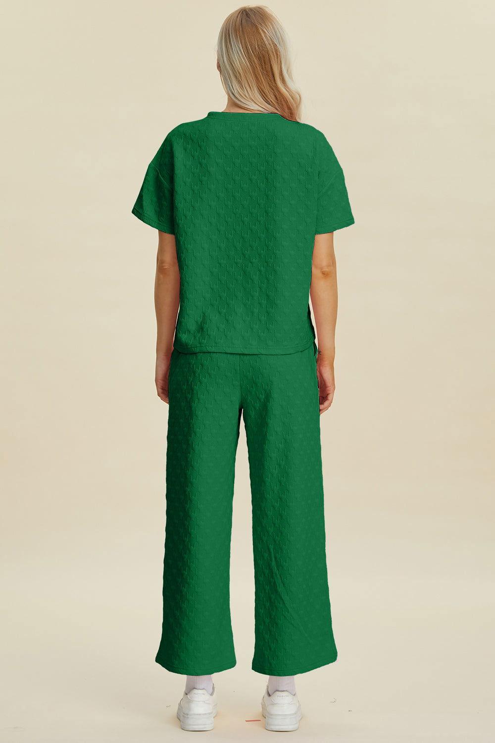 Double Take Full Size Texture Round Neck Short Sleeve Top and Pants Set - Clothes For Her Online Store