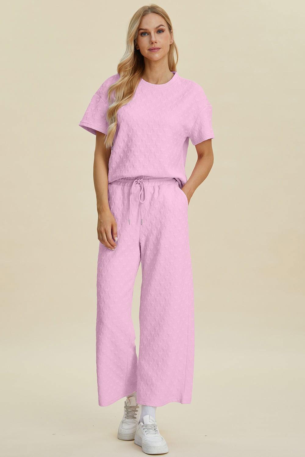 Double Take Full Size Texture Round Neck Short Sleeve Top and Pants Set - Clothes For Her Online Store