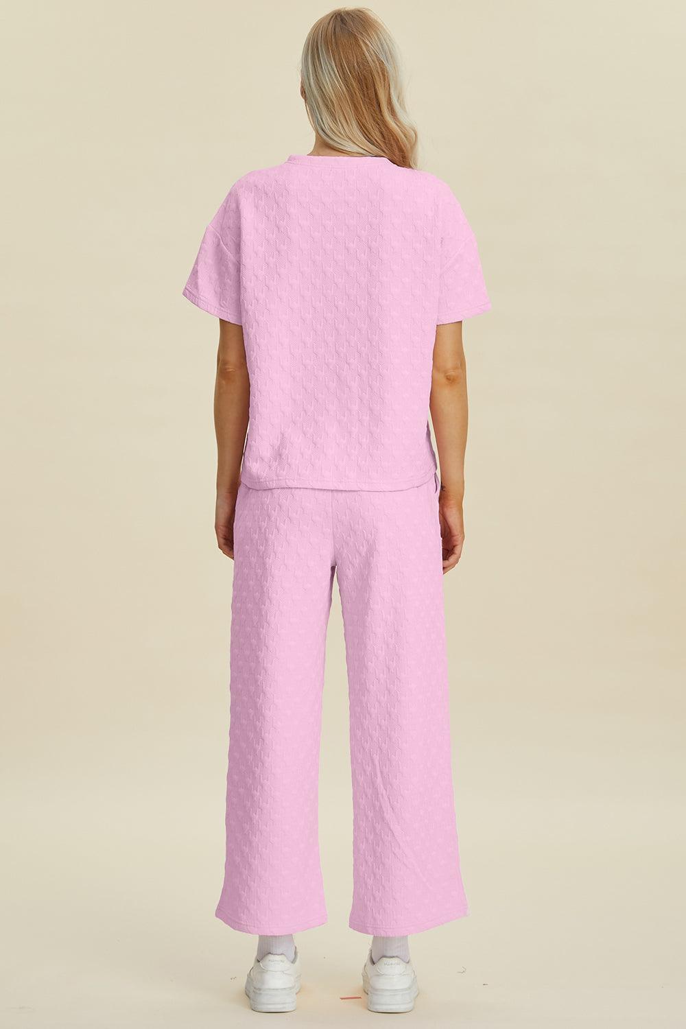 Double Take Full Size Texture Round Neck Short Sleeve Top and Pants Set - Clothes For Her Online Store