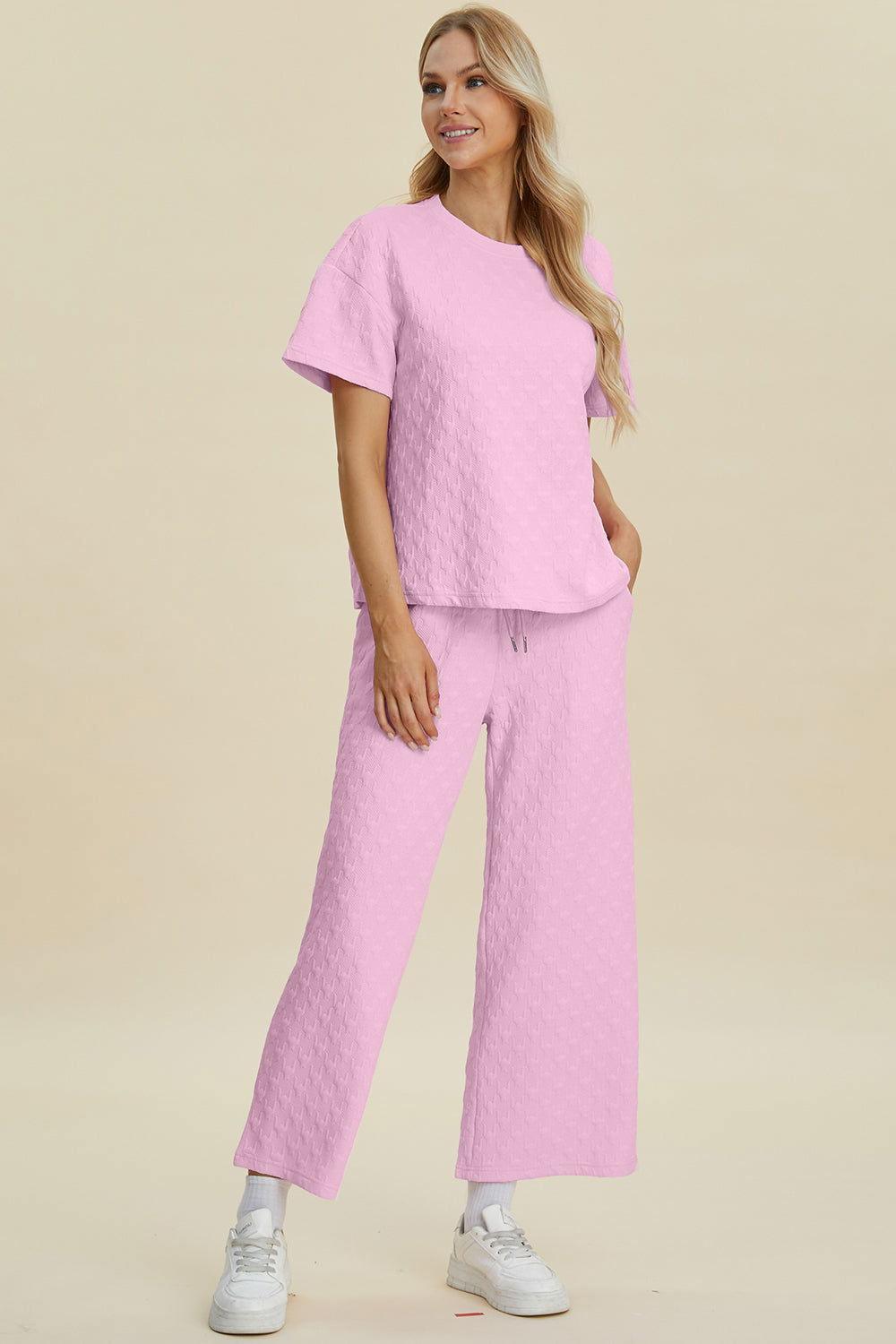 Double Take Full Size Texture Round Neck Short Sleeve Top and Pants Set - Clothes For Her Online Store