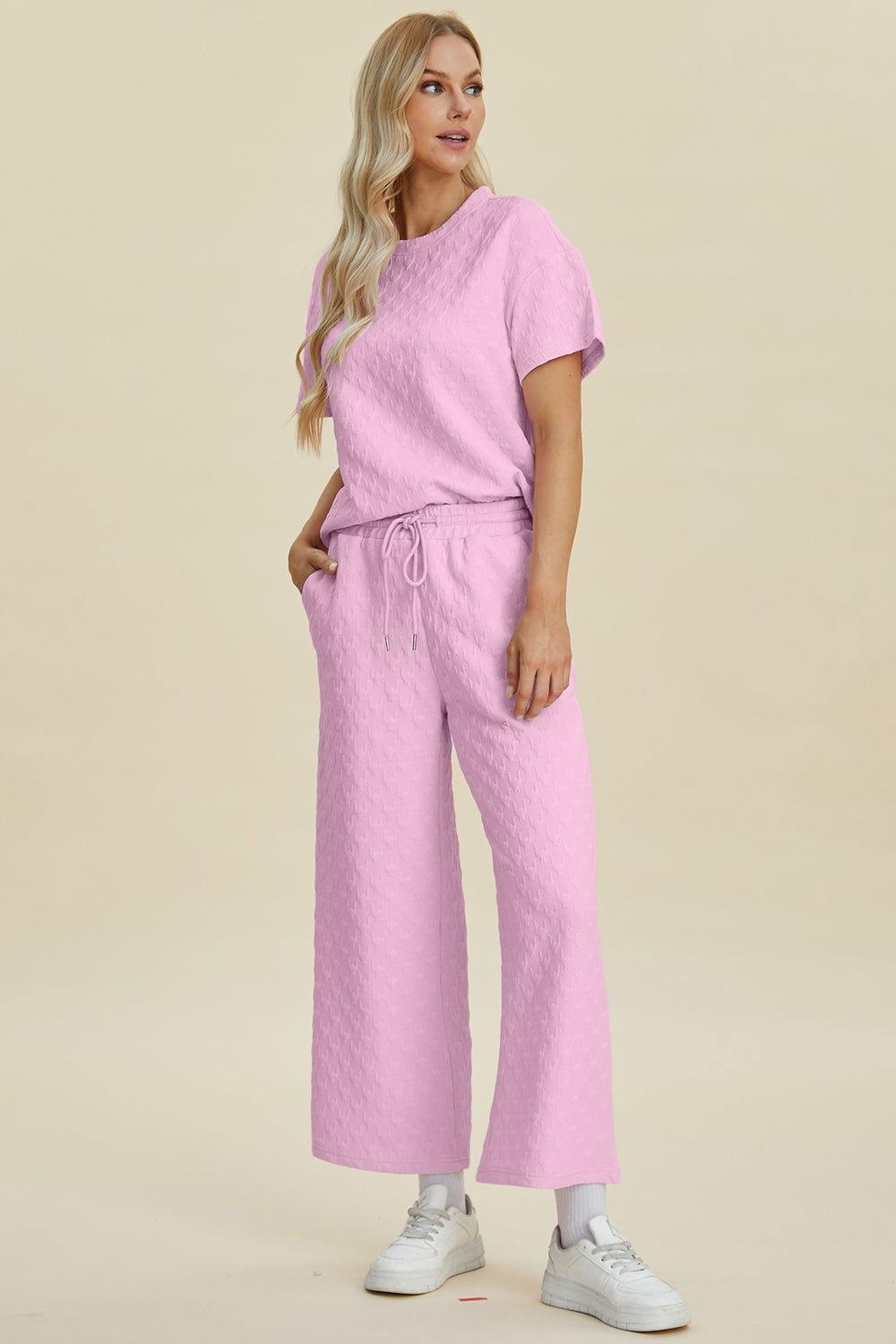 Double Take Full Size Texture Round Neck Short Sleeve Top and Pants Set - Clothes For Her Online Store