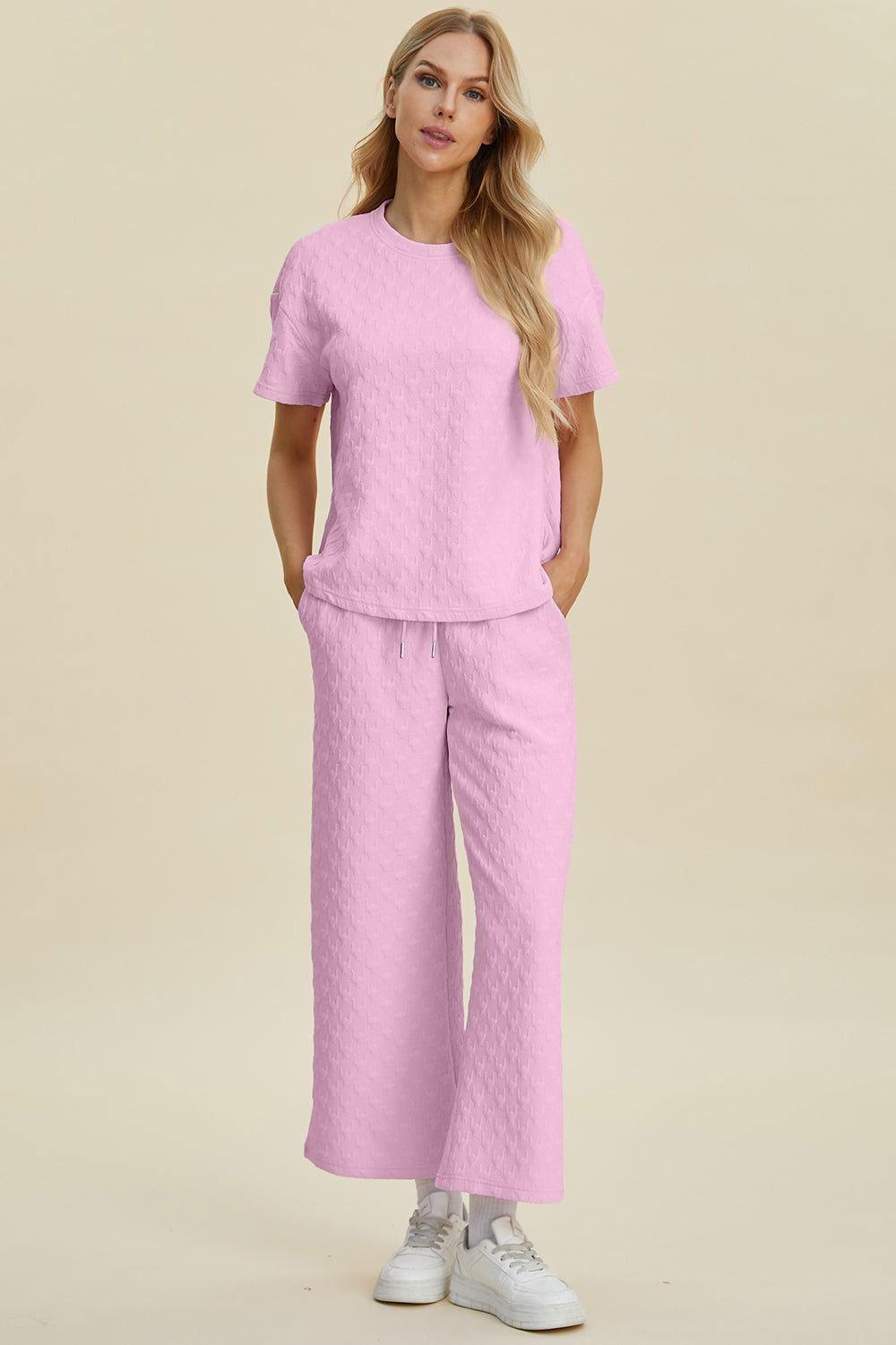 Double Take Full Size Texture Round Neck Short Sleeve Top and Pants Set - Clothes For Her Online Store