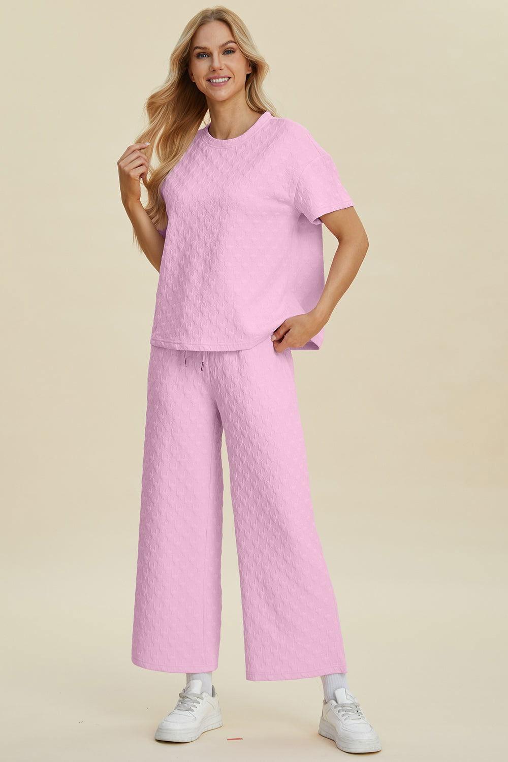 Double Take Full Size Texture Round Neck Short Sleeve Top and Pants Set - Clothes For Her Online Store