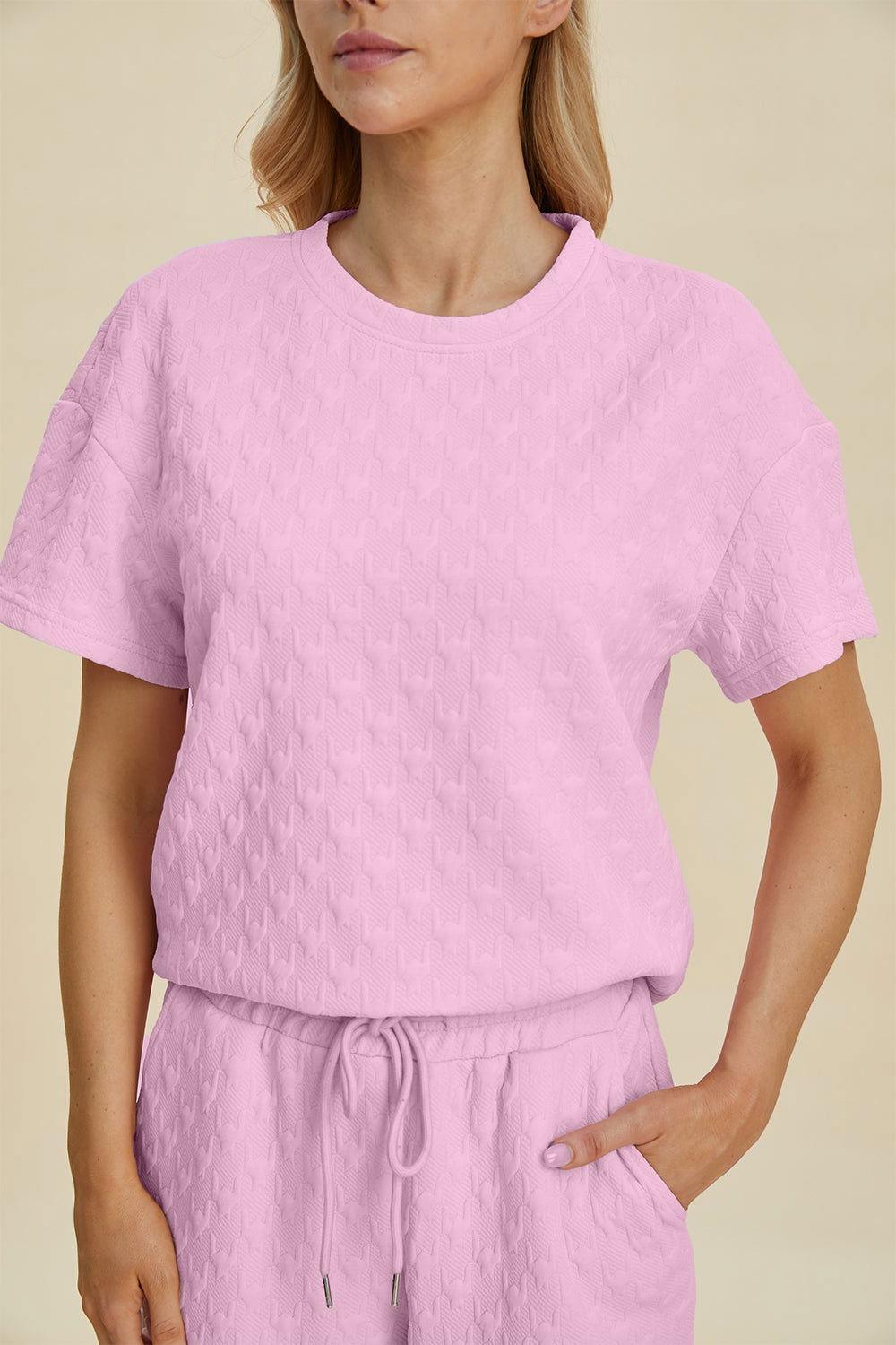Double Take Full Size Texture Round Neck Short Sleeve Top and Pants Set - Clothes For Her Online Store