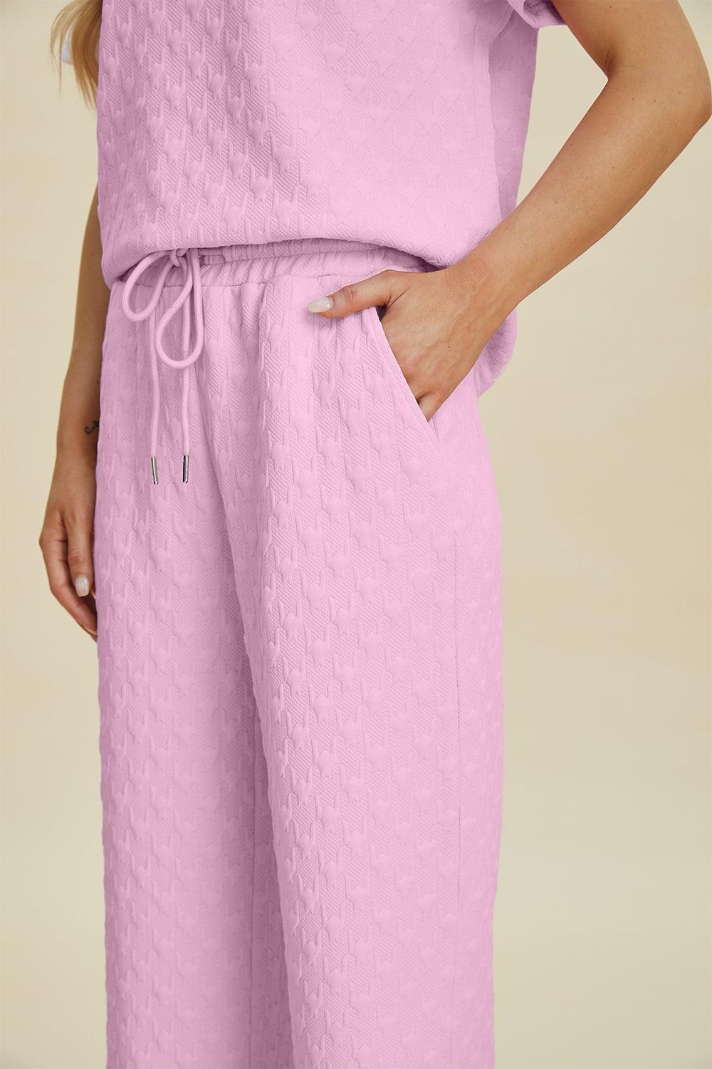 Double Take Full Size Texture Round Neck Short Sleeve Top and Pants Set - Clothes For Her Online Store