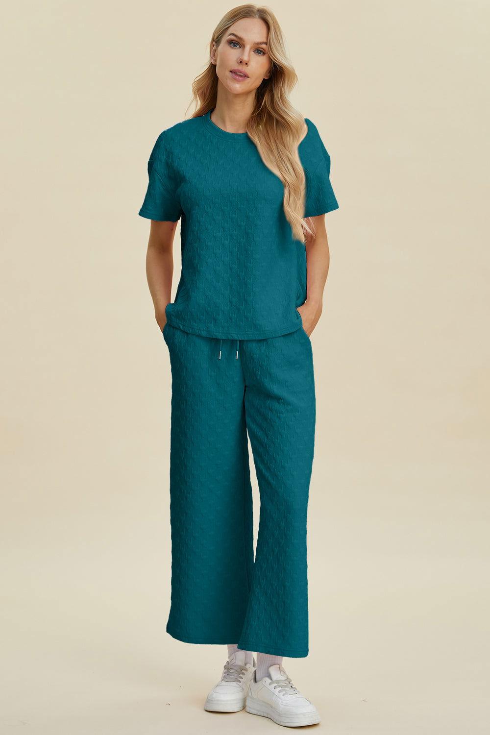 Double Take Full Size Texture Round Neck Short Sleeve Top and Pants Set - Clothes For Her Online Store