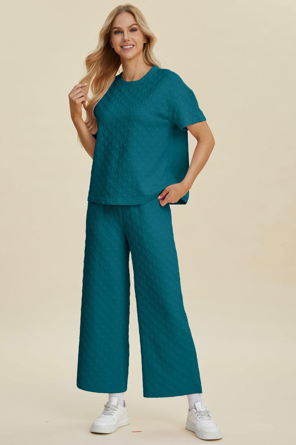 Double Take Full Size Texture Round Neck Short Sleeve Top and Pants Set - Clothes For Her Online Store