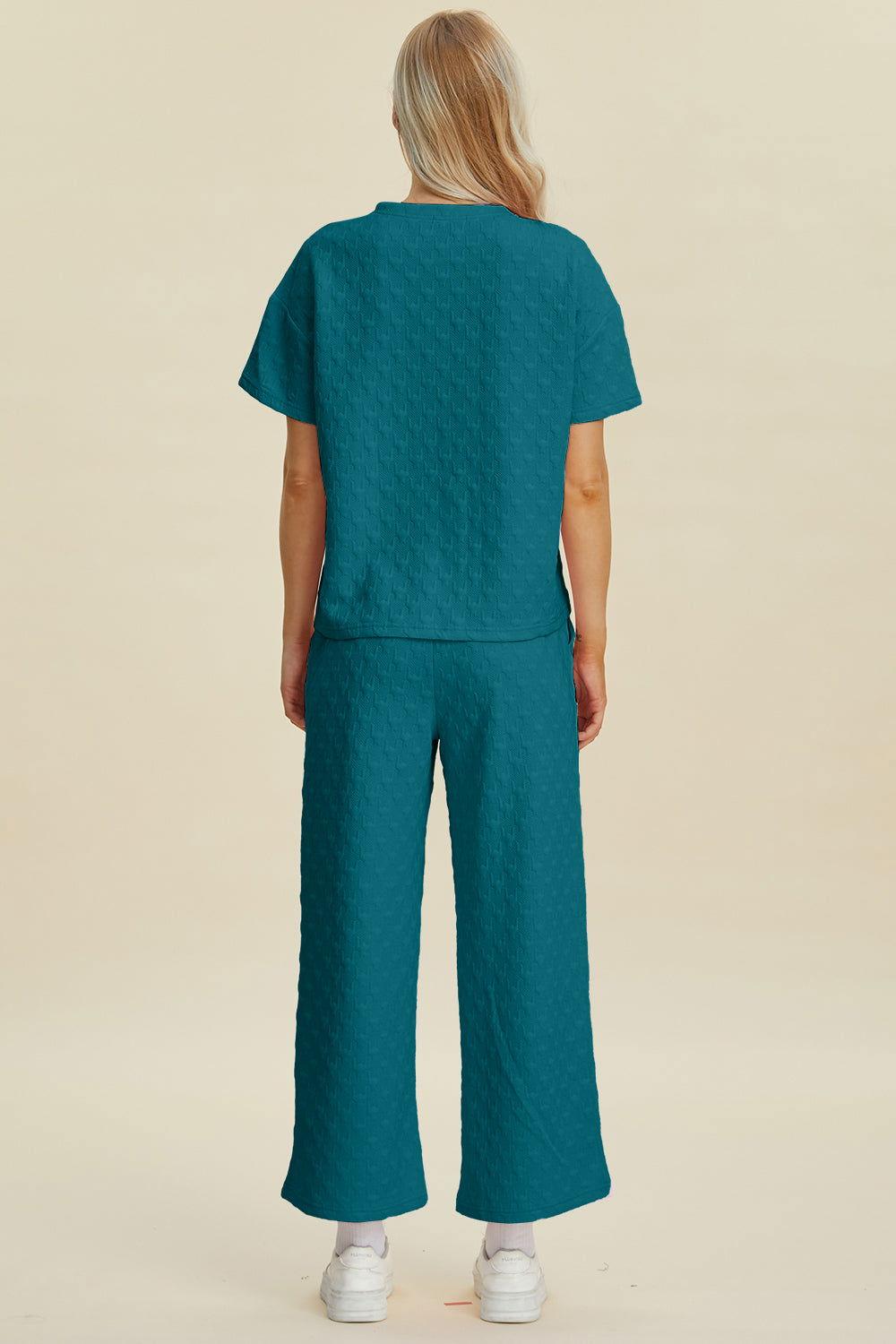 Double Take Full Size Texture Round Neck Short Sleeve Top and Pants Set - Clothes For Her Online Store