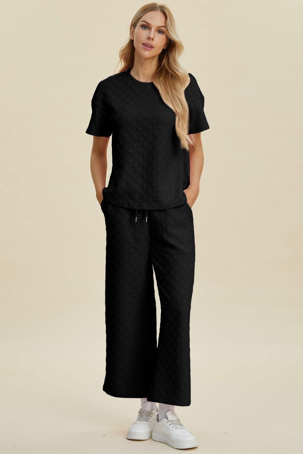 Double Take Full Size Texture Round Neck Short Sleeve Top and Pants Set - Clothes For Her Online Store