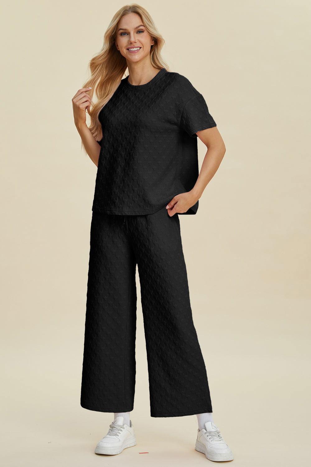 Double Take Full Size Texture Round Neck Short Sleeve Top and Pants Set - Clothes For Her Online Store
