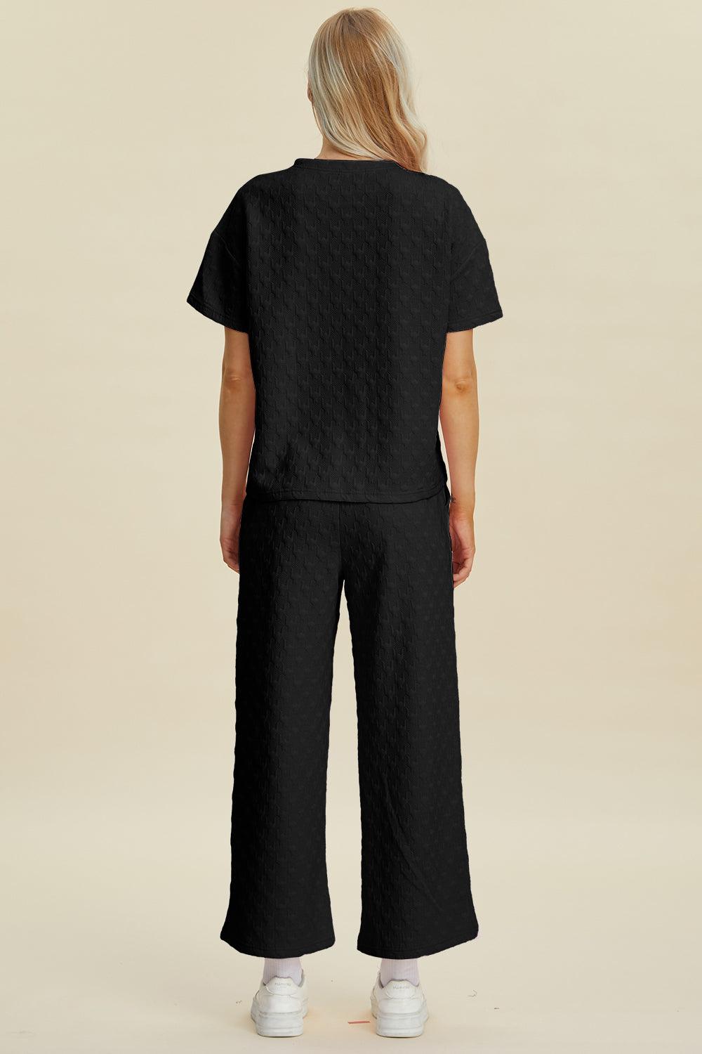 Double Take Full Size Texture Round Neck Short Sleeve Top and Pants Set - Clothes For Her Online Store