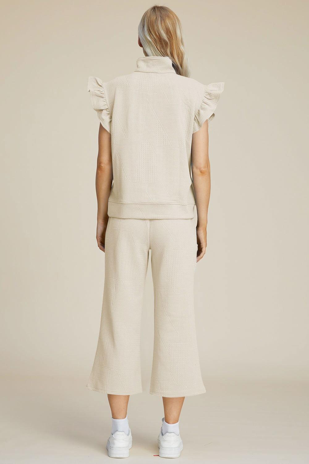 Double Take Full Size Texture Ruffle Short Sleeve Top and Wide Leg Pants Set
