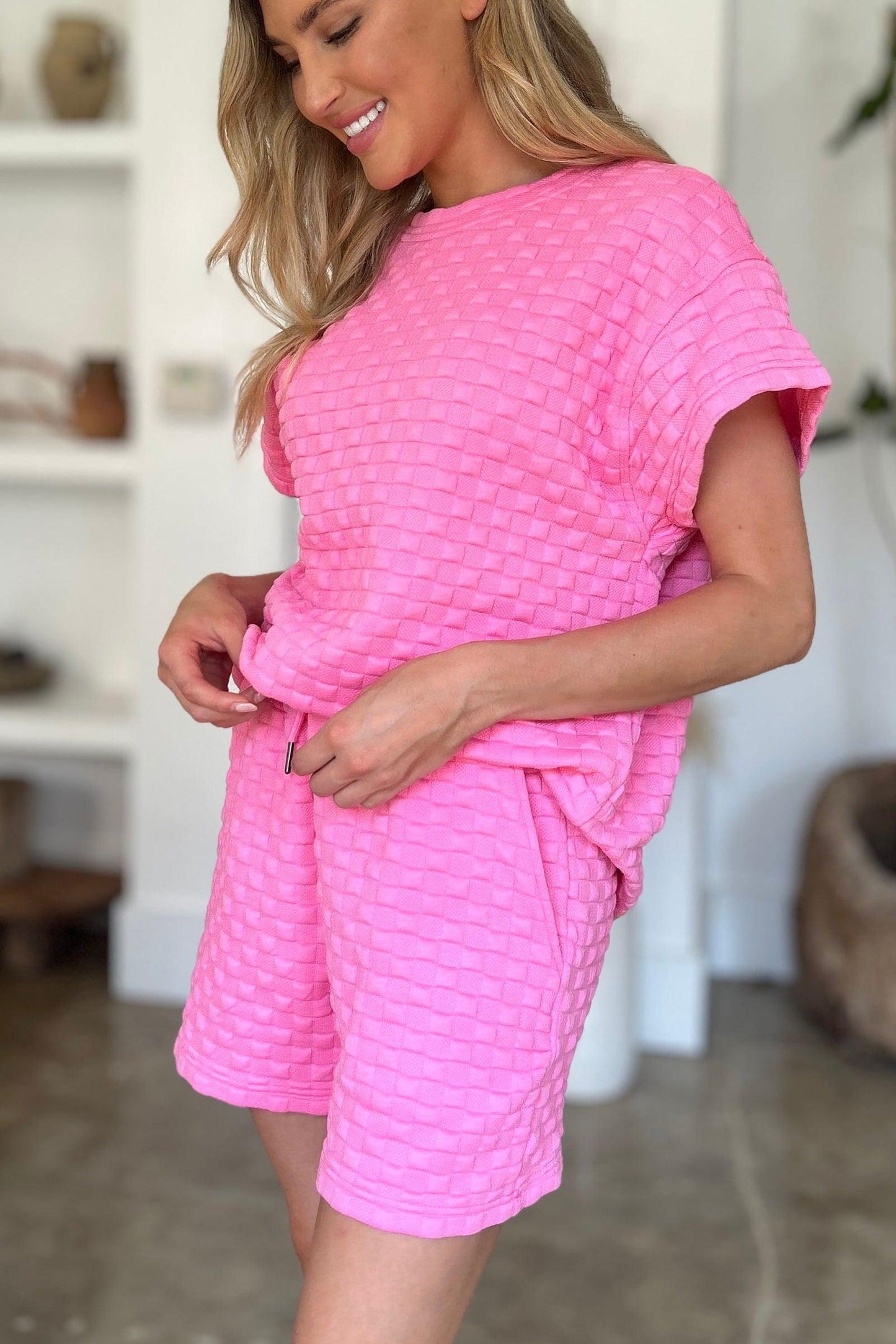 Double Take Full Size Texture T-Shirt and Shorts Set