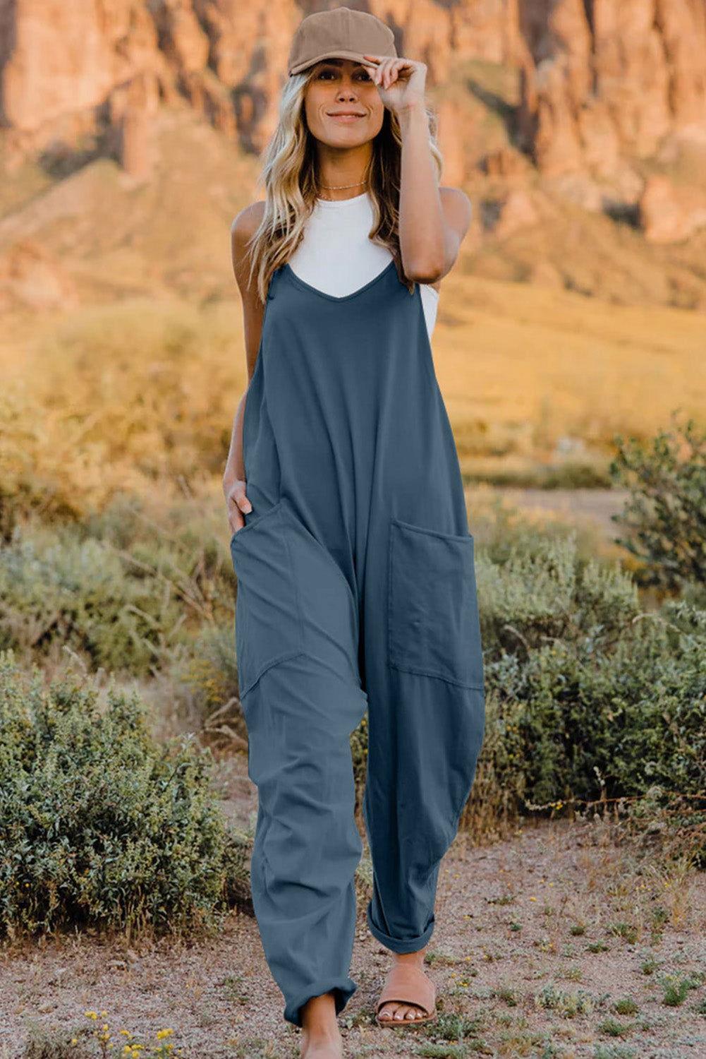 Double Take Full Size V-Neck Sleeveless Jumpsuit with Pockets - Clothes For Her Online Store