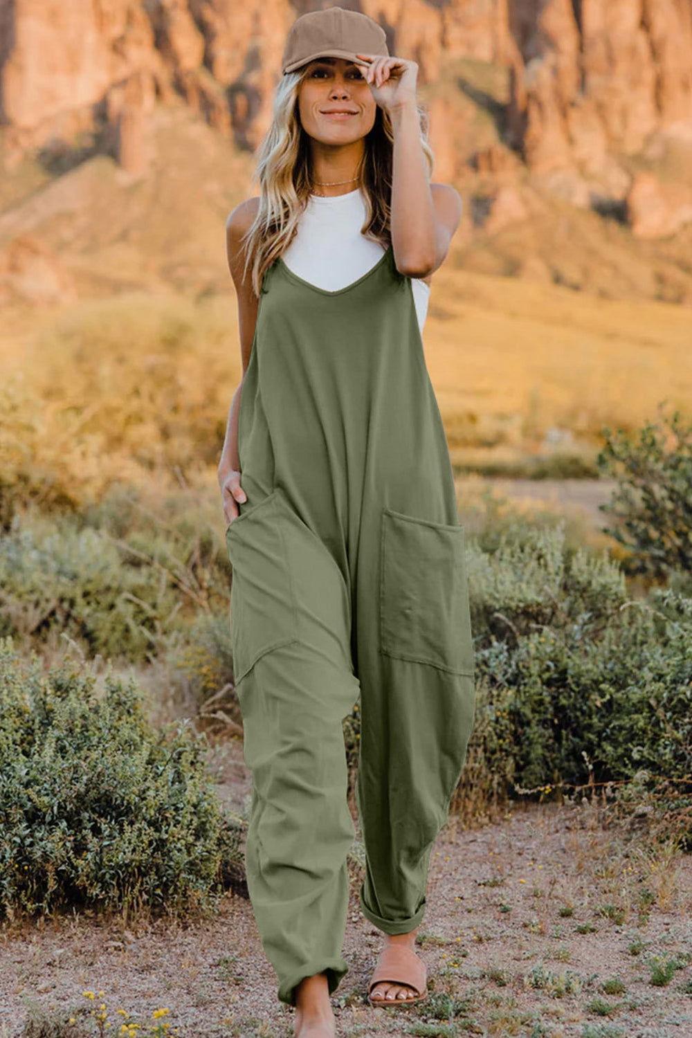 Double Take Full Size V-Neck Sleeveless Jumpsuit with Pockets - Clothes For Her Online Store