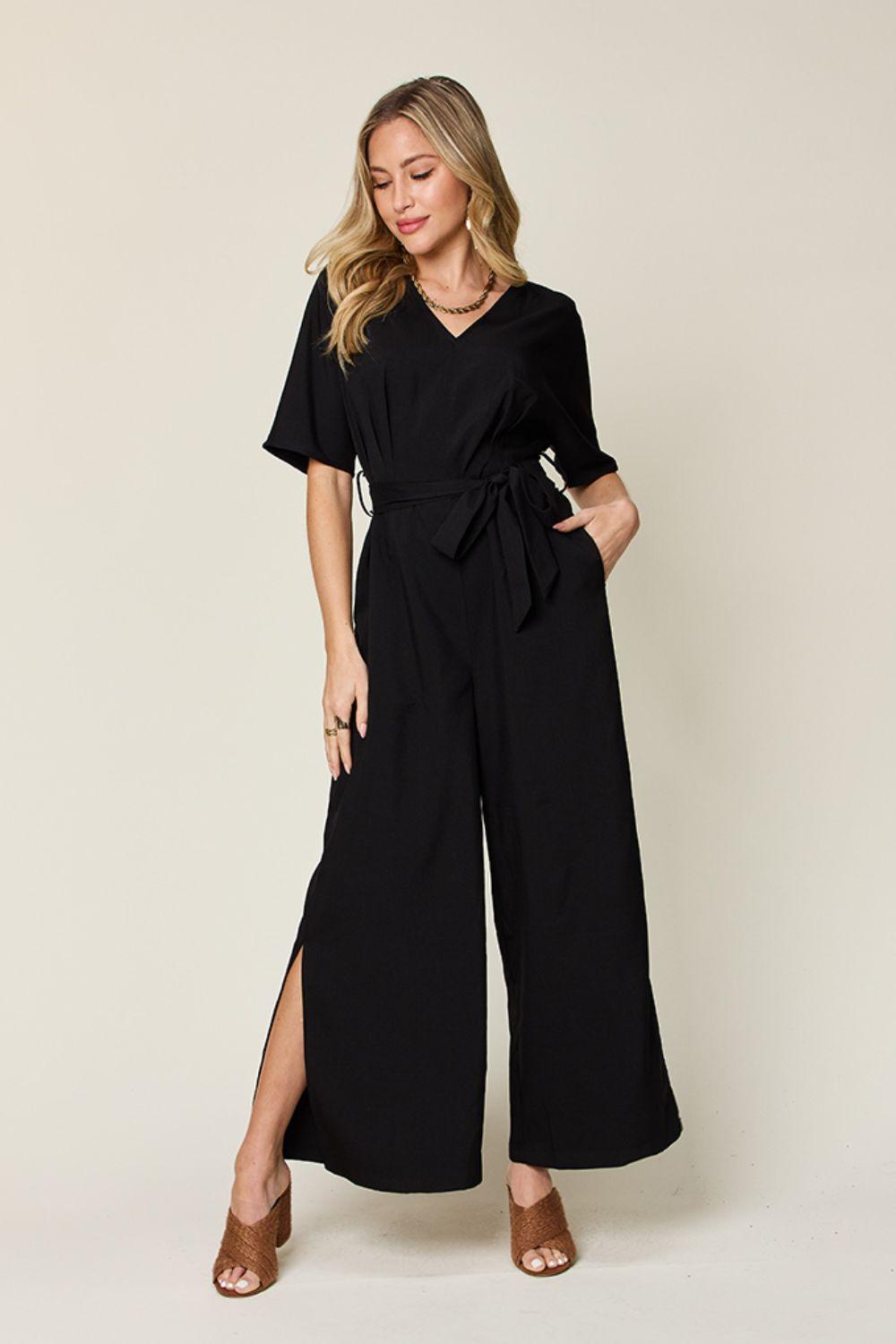 Double Take Full Size V-Neck Tied Side Slit Jumpsuit - Clothes For Her Online Store