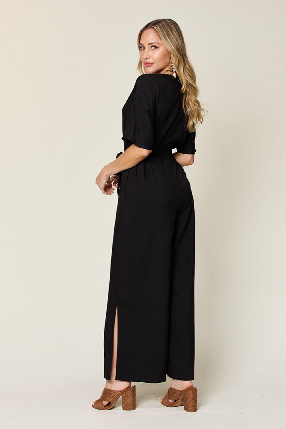 Double Take Full Size V-Neck Tied Side Slit Jumpsuit - Clothes For Her Online Store