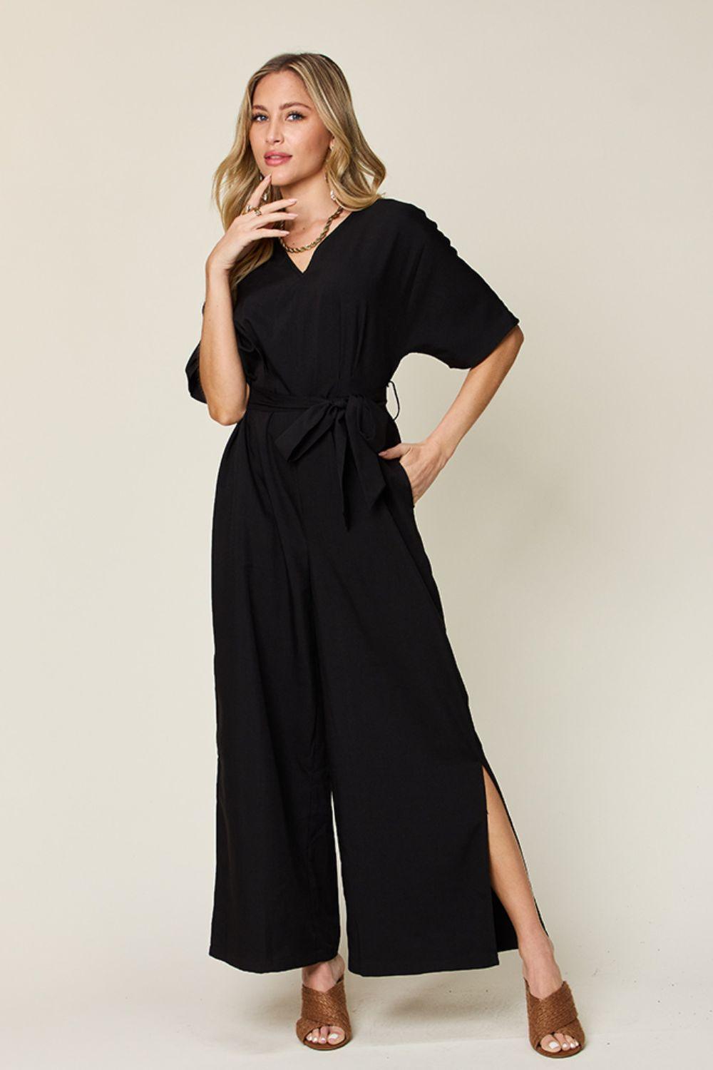 Double Take Full Size V-Neck Tied Side Slit Jumpsuit - Clothes For Her Online Store