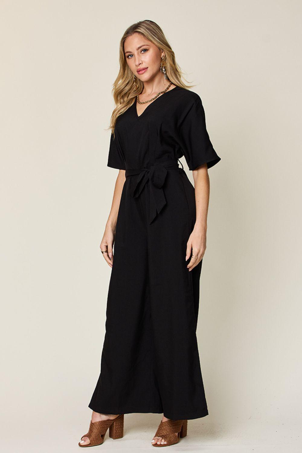 Double Take Full Size V-Neck Tied Side Slit Jumpsuit - Clothes For Her Online Store